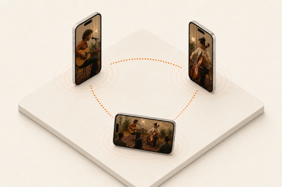 Three nearby iPhones connect directly to film the same performance