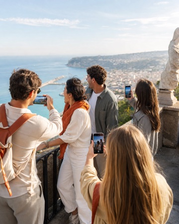 Friends at a viewpoint on a trip, filming the view